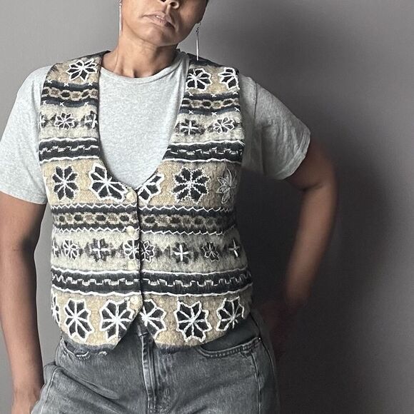 Vintage Jane Ashley Vest Wool Woven Knit Cotton Lined Floral Embroidery Size M - Picture 10 of 10